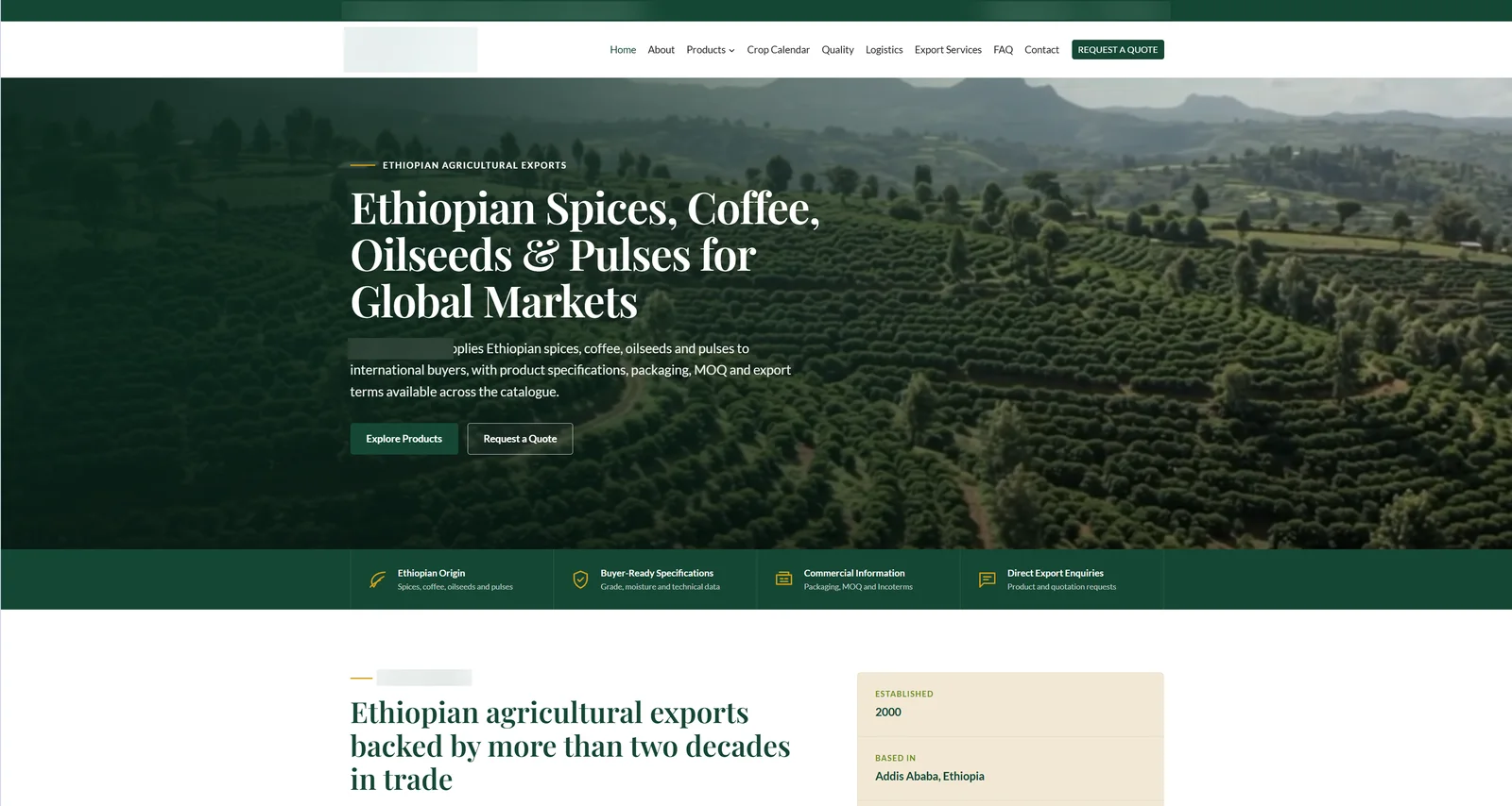 Home page of an agricultural exporter website we built, with the company name, logo and contact details blurred
