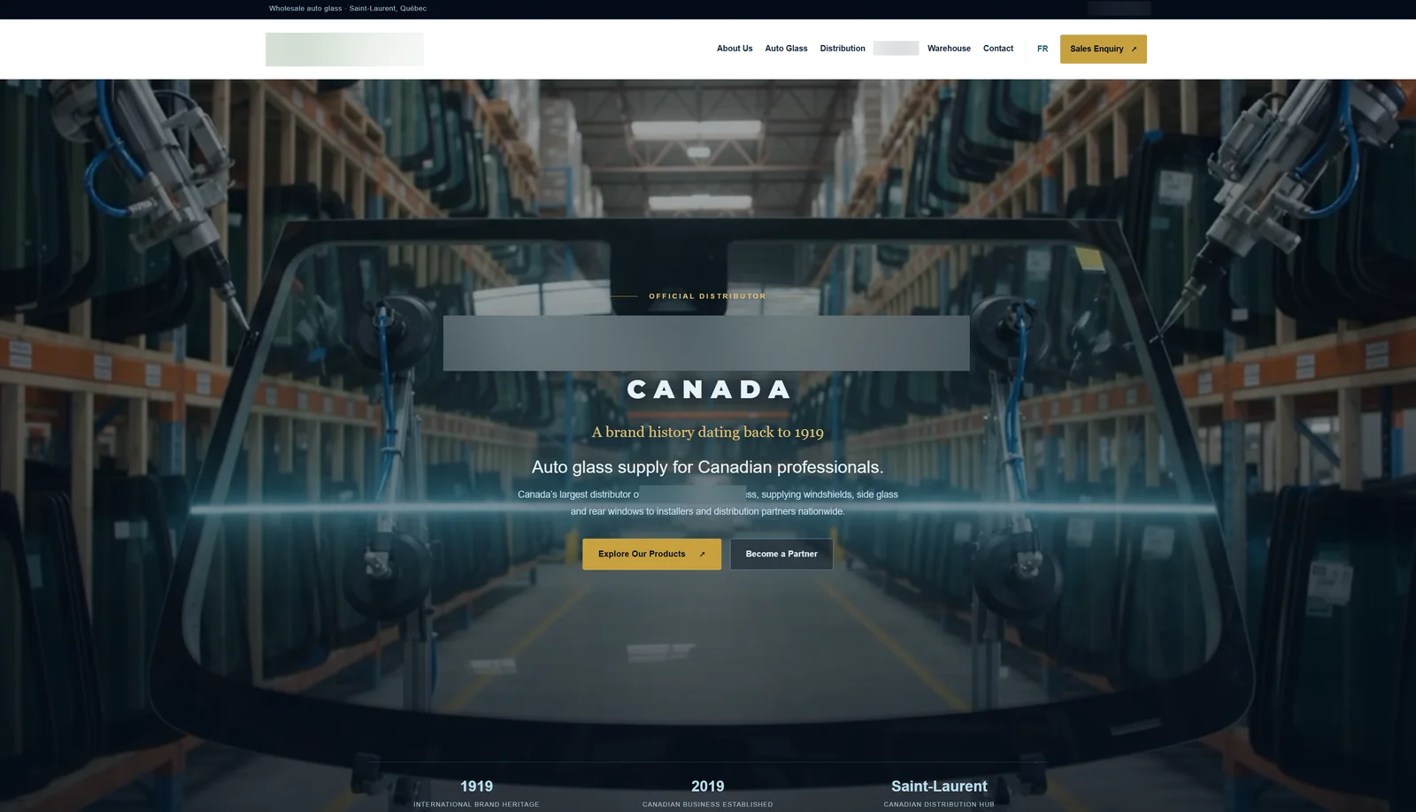 Home page of an auto glass distributor website we built, with the brand name, logo and phone number blurred